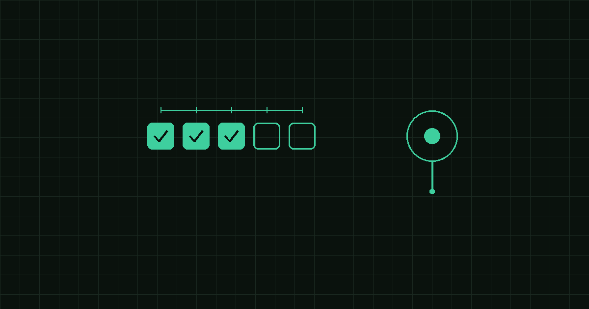 Thin line drawing of a five-day streak of checkboxes beside a location pin, on a dark grid.