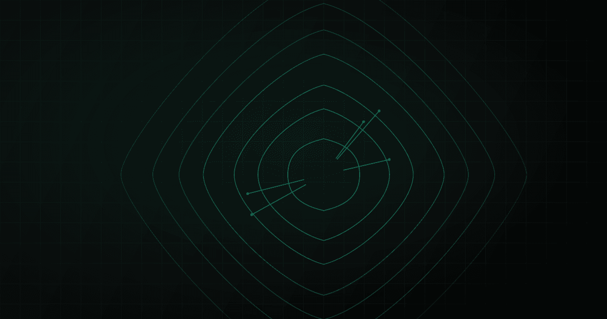 Abstract topographic map overlaid with ten thin teal analysis vectors, each pointing toward a faint numbered marker.