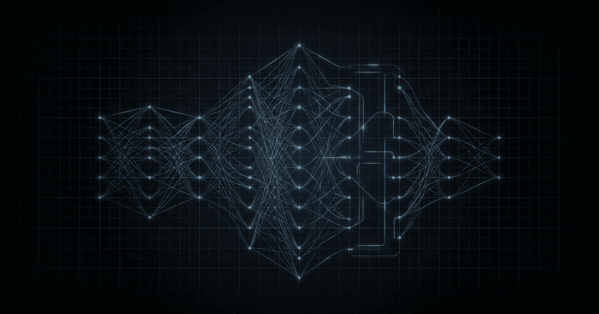 Abstract neural network of glowing nodes and thin signal lines over a dark grid.
