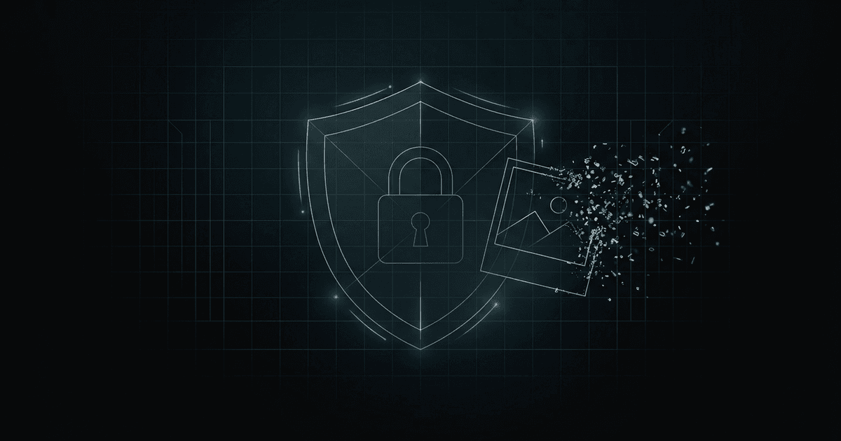 Abstract shield and padlock formed from thin strokes, a photo dissolving into particles.