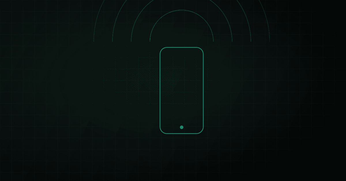 Abstract outline of a mobile device with concentric signal waves radiating outward against a dark background, no text.