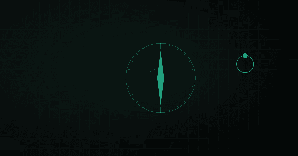 Abstract compass rose with a faint dotted wayfinding path and a scattering of small map-pin outlines.
