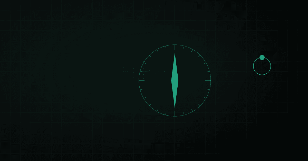 Abstract compass rose rendered in thin outlined strokes with a single map-pin silhouette against a dark background.