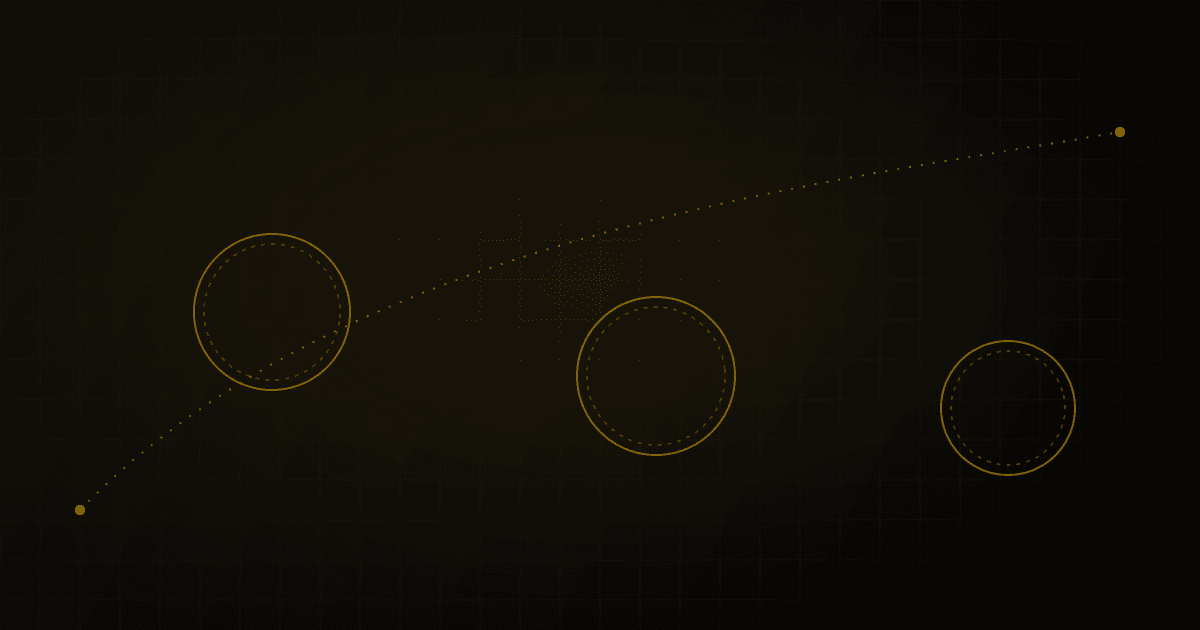 Abstract dotted flight path arcing across a dark map-like background, faint passport-stamp-style circular marks, no text or landmarks.