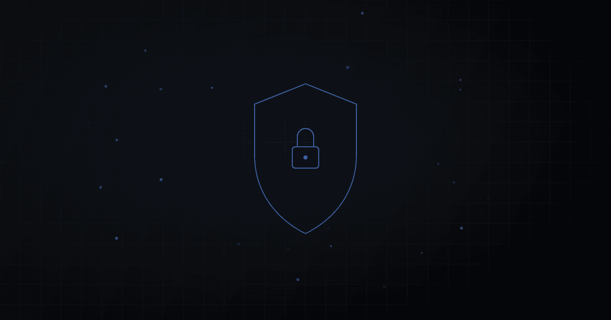 Abstract shield and padlock formed from thin strokes, softly dissolving into particles.