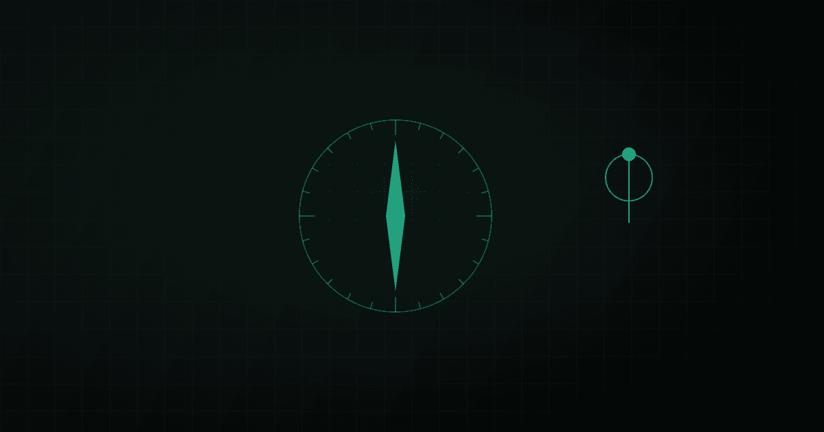 Abstract compass rose with a faint radiating map-pin outline over a soft grid, in a calm wayfinding mood.