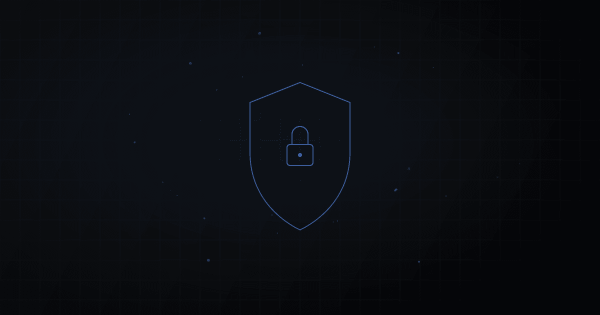 Abstract shield and padlock formed from thin strokes, with a photo silhouette dissolving into scattered particles, no text.