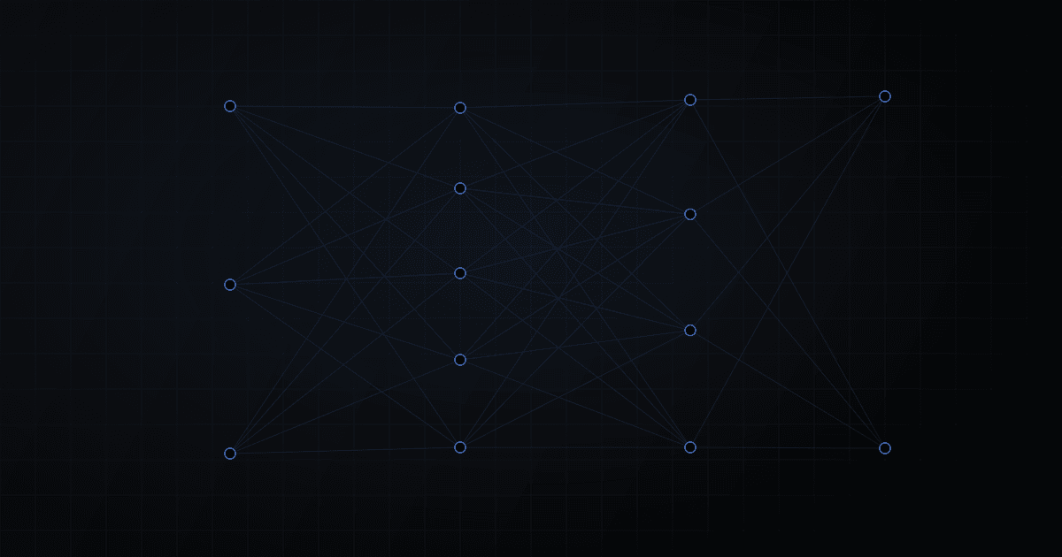 Abstract neural network of glowing nodes connected by thin signal lines across a dark gradient, no text.