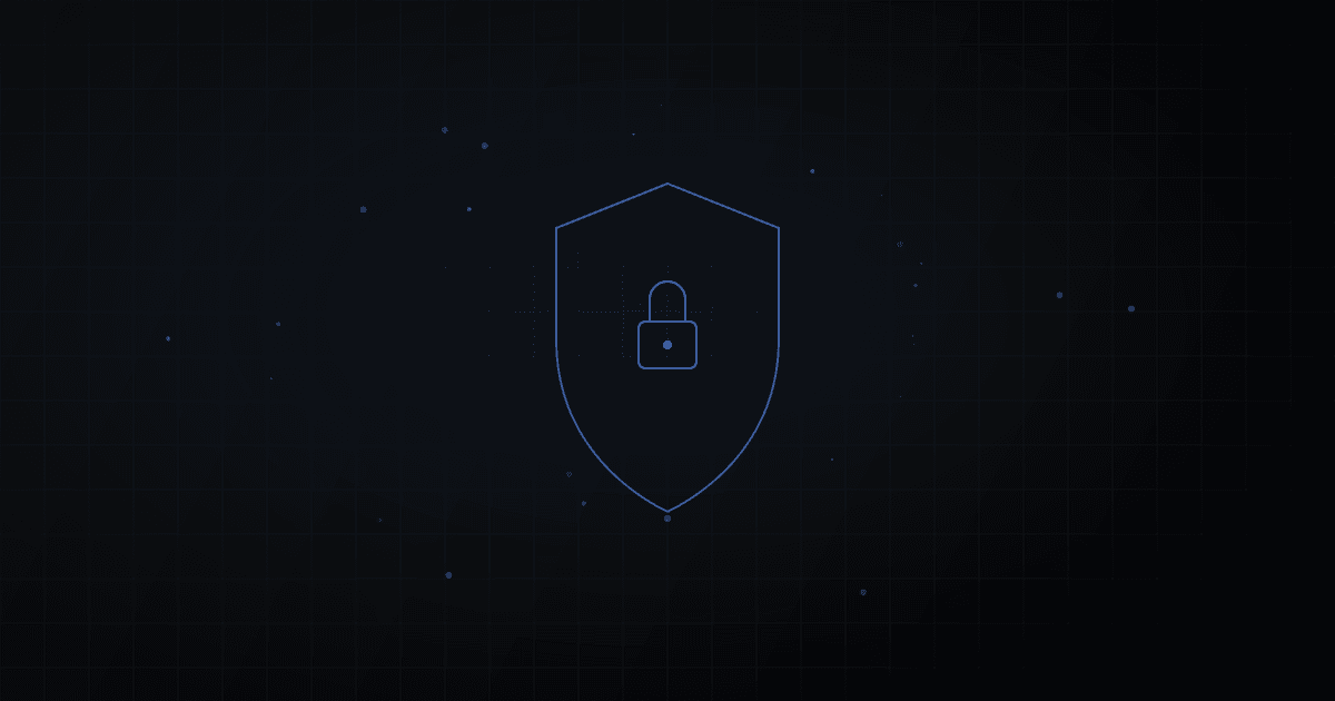 Abstract translucent shield outline dissolving into scattered particles against a dark background.